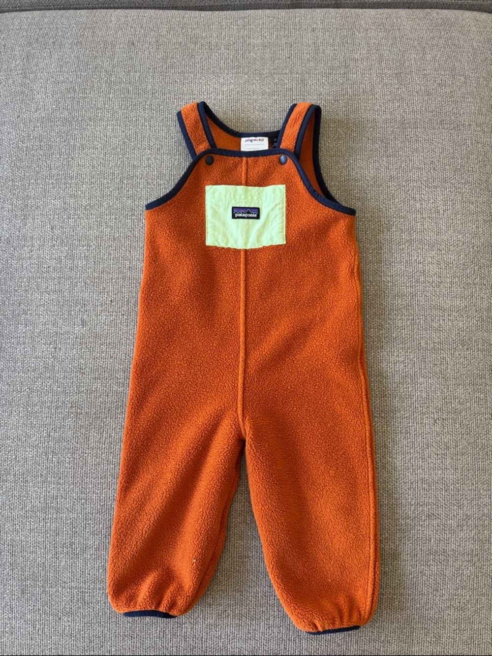 Patagonia Orange Fleece Overalls with Lime Chest Pocket